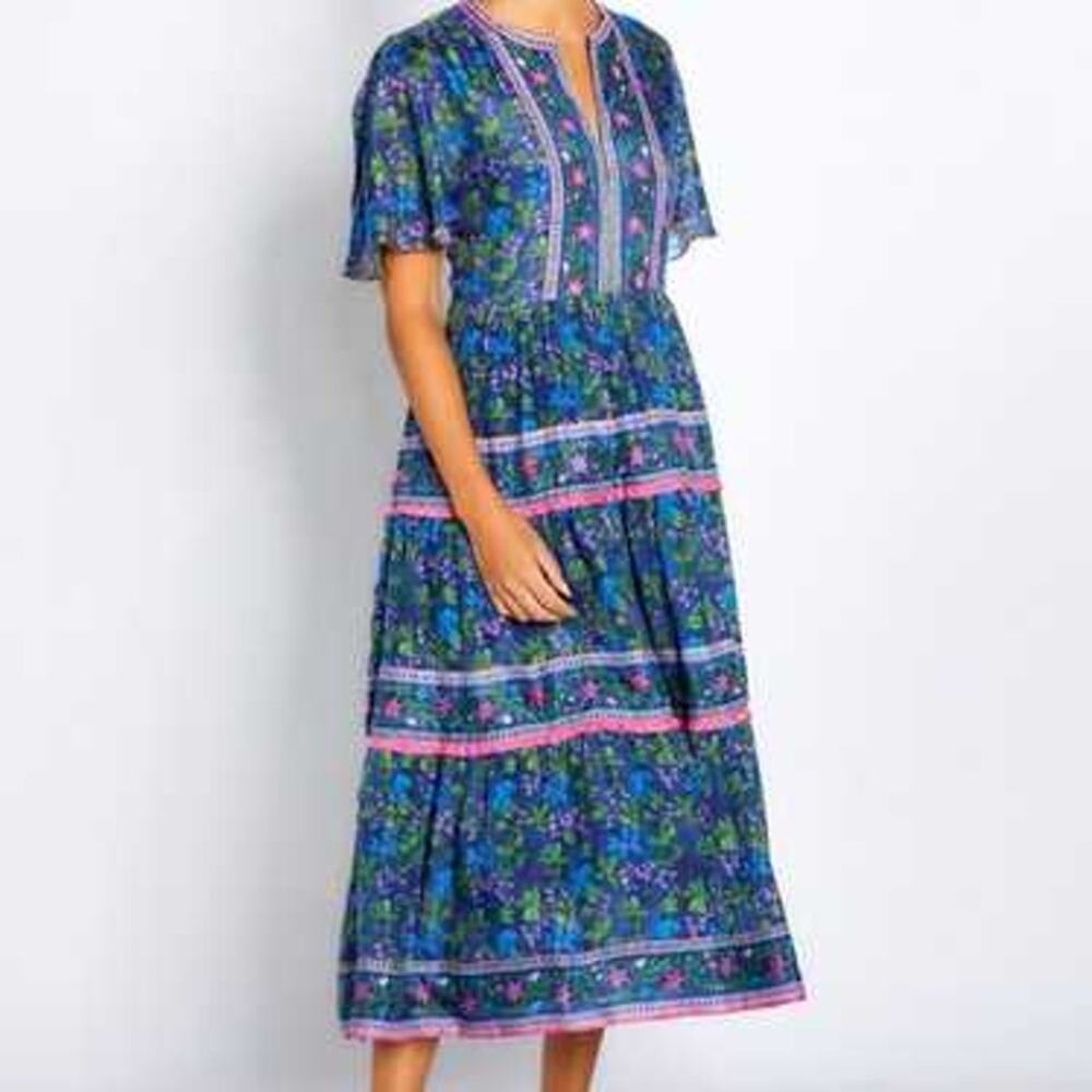 Bella Tu Elsbeth Floral Tiered Beaded Midi Dress in Navy Women's Size S
